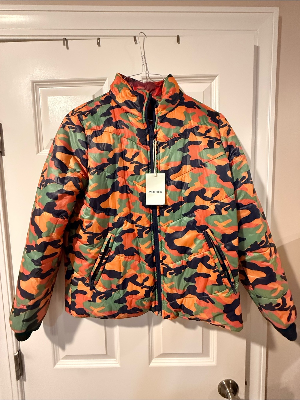MOTHER Orange, Green and Navy Camo Puffer Jacket